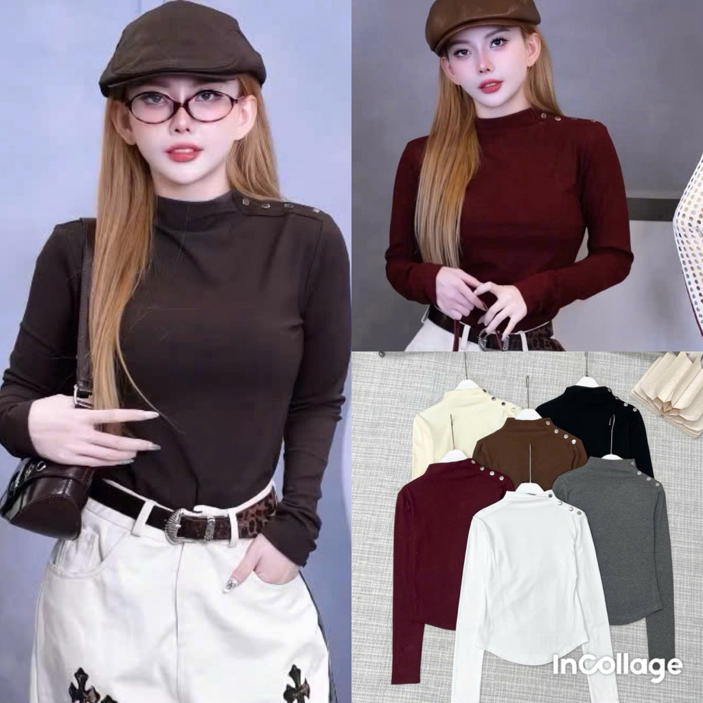 [ Hàng QC Loại 1 ] Áo Thun Dài Tay Lót Lông Khuy Vai 6 Màu - Halinh Shop