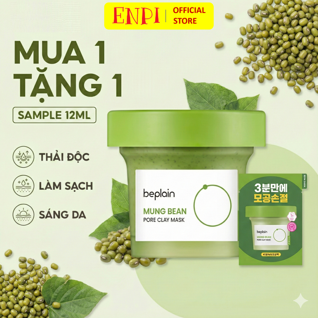[TẶNG THÊM 12ml] Mặt nạ đất sét đậu xanh Beplain Mung Bean Pore Clay Mask