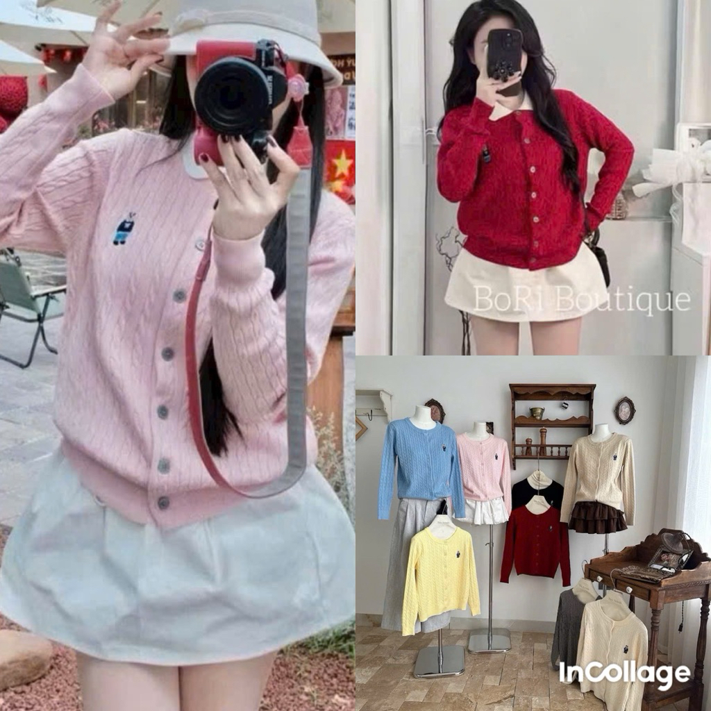 [ Hàng QC Loại 1 ] Áo Len Cardigan Trơn Cổ Tròn Thêu Gấu Full 7 Màu Xinh- Halinh Shop