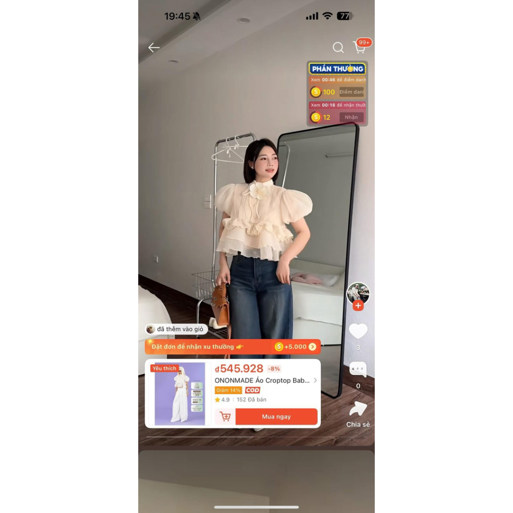 pass nhanh ONONMADE Áo Croptop Babydoll Tay Phồng Apex Top sz M tag rời full box