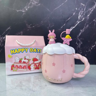  cốc sứ  quà tặng sinh nhật  ly sứ nắp cao su 3256 kèm ống hút thủy tinh 400ml - Gốm sứ Sh 