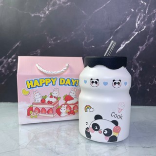  quà tặng Ly sứ  cốc sứ kèm ống hút  3196 quà tặng sinh nhật 500ml gấu trúc dễ thương - SH gốm sứ 