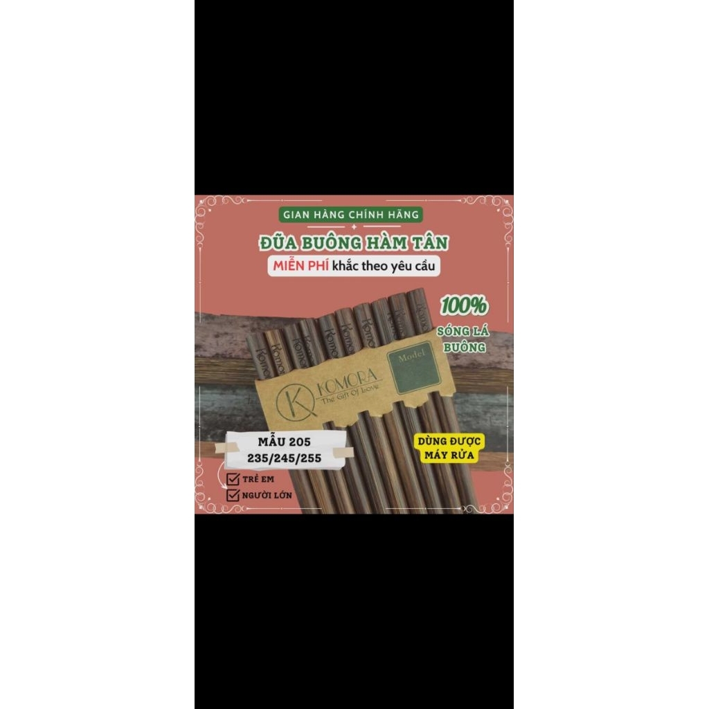 [Vỉ 5 Đôi] Khắc Theo Yêu Cầu, Đũa Buông Hàm Tân KOMORA, Bền Chắc, Không Ẩm Mốc, An Toàn Sức Khỏe