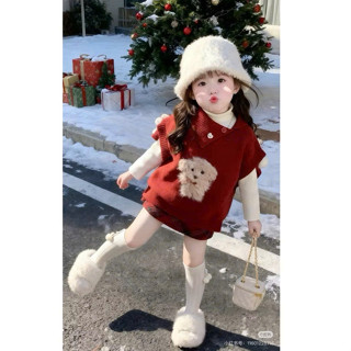  Đồ tết cho bé gái set 3CT áo gile len đỏ chó bông phối áo thun tăm trắng dài tay mix chân váy dạ kẻ 10-30kg Moonkids 