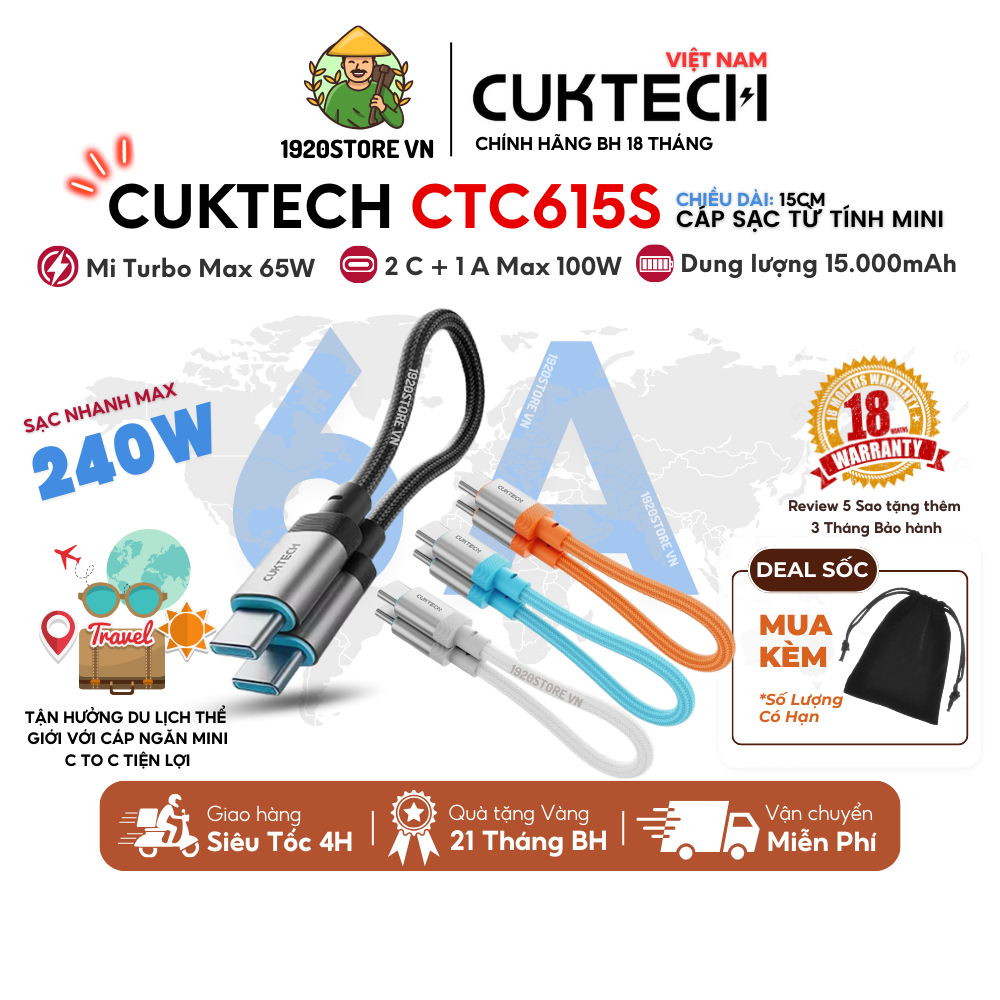 Cáp Sạc Nhanh CUKTECH CTC615S C to C 15cm Từ Tính, Công Suất Sạc Max 240W, Truyền Dữ Liệu 480 Mbps -
