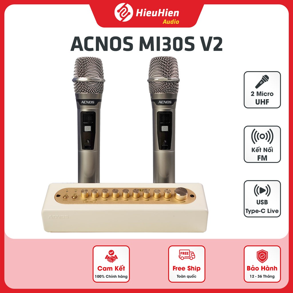 ACNOS MI30S V2 Chính hãng | Vang số mini kèm 2 micro UHF, có FM karaoke trên Ôtô, Bảo hành 12 tháng