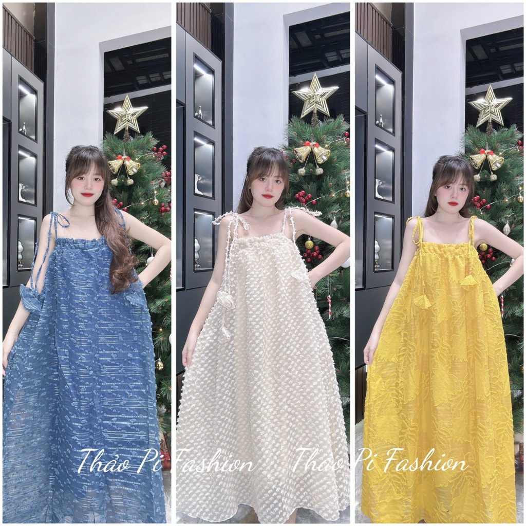 Váy hai dây cột nơ phối hoa nổi nhẹ nhàng nữ tính váy mặc hằng ngày - Váy hoa nổi