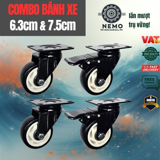 COMBO 6.3cm và 7.5cm, bánh xe Đen Trắng, có bạc đạn, tặng kèm vít gỗ gắn giá đỡ, xe đẩy hàng, tủ gỗ