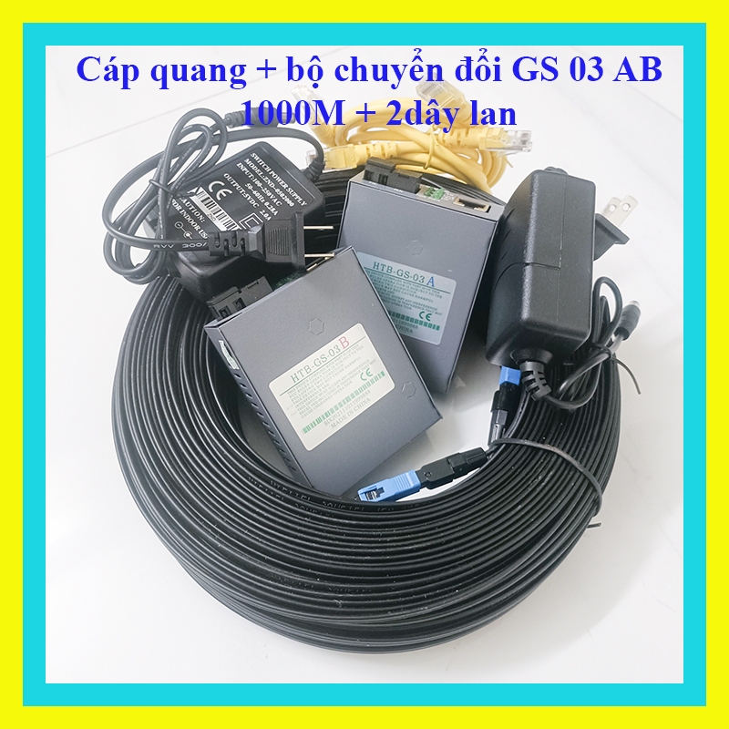Combo cáp quang + converter 1000mbp FL telecom cáp bấm sẵn 2 đầu CVT HTB GS03AB 60-240m tặng 2lan