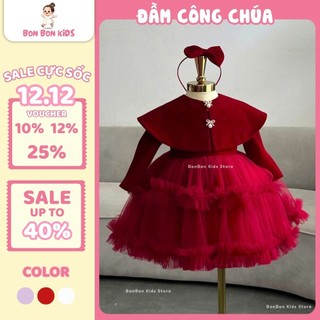  Váy Công Chúa Bé Gái Dài Tay Màu Đỏ Chân Bồng Mặc Noel Mặc Tết Kèm Áo Choàng 