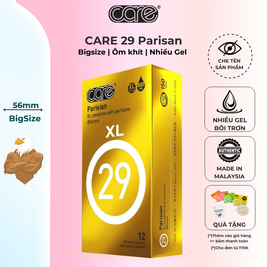 bao cao su size to,bcs 55mm - 56mm CARE 29 bcs big size hương nước hoa, nhiều gel, kéo dài thời gian