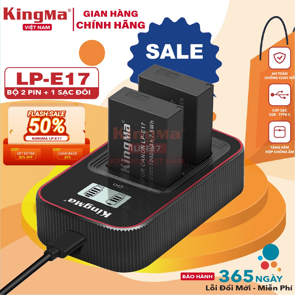 [ SALE ] Bộ Pin Canon LP-E17 KingMa. Gồm 2 Pin + 1 Sạc Đôi Mã LP-E17 KingMa Thế Hệ 3 . Bảo Hành 12 T