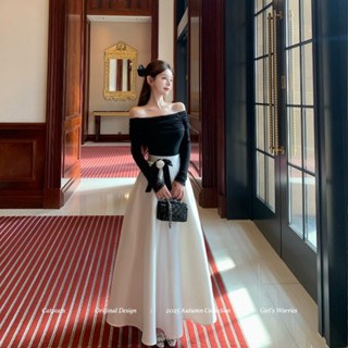  GDCARRY Set áo tiểu thư đen trễ vai mix chân váy lụa Maxi phối nơ thanh lịch dịu dàng nữ tính 