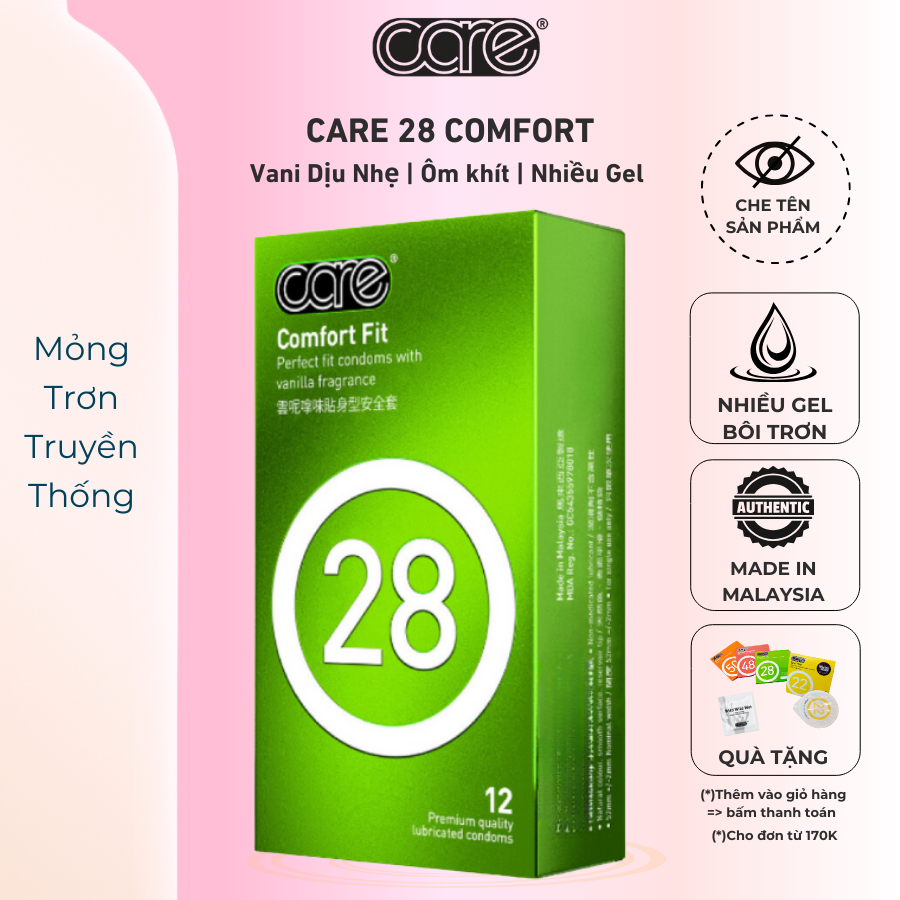 Bao Cao Su CARE 28 Mỏng Trơn Nhiều Gel Bôi Trơn Truyền Thống Kéo Dài Thời Gian Hương Vani Hộp 12 bcs