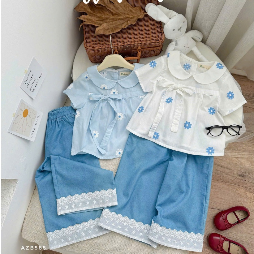 Set bộ bé gái AZB585 áo cổ sen cotton thêu nơ sắc nét và quần dài phối ren