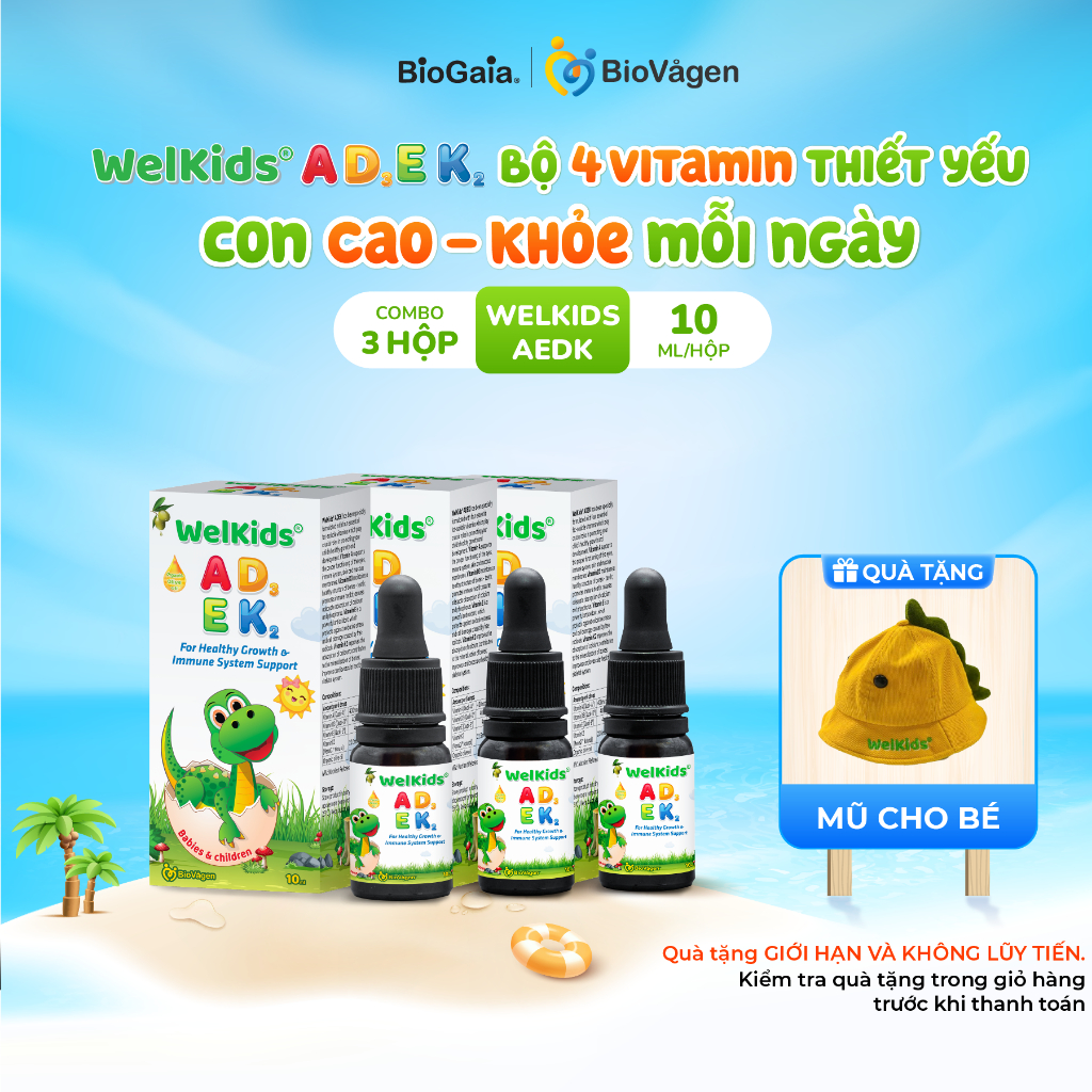 Combo 3 Vitamin WelKids ADEK bổ sung D3K2 kết hợp Vitamin A, E giúp bé phát triển chiều cao, nâng ca