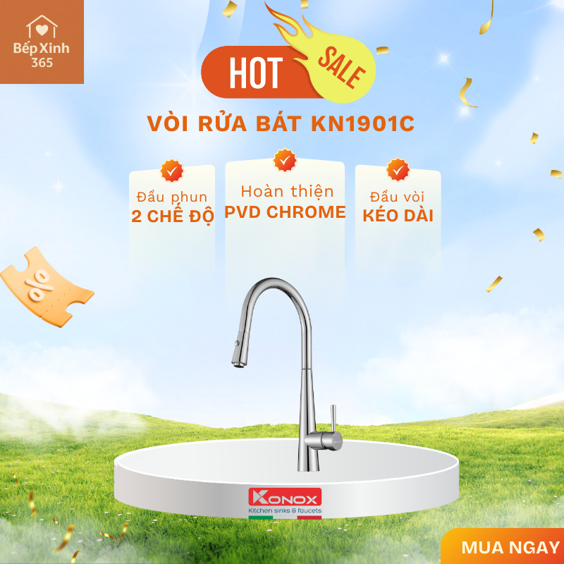 Vòi rửa bát rút dây Konox KN1901C thiết kế xoay đa hướng tiện lợi, bảo hành 5 năm