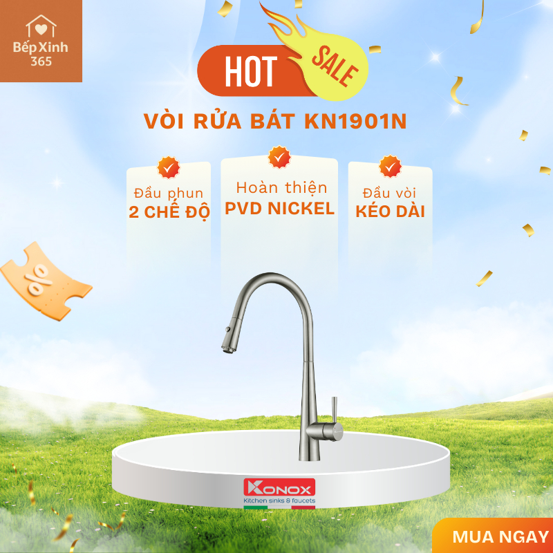 Vòi rửa bát rút dây Konox KN1901N sáng bóng chịu nhiệt tốt dễ vệ sinh chống bám bẩn