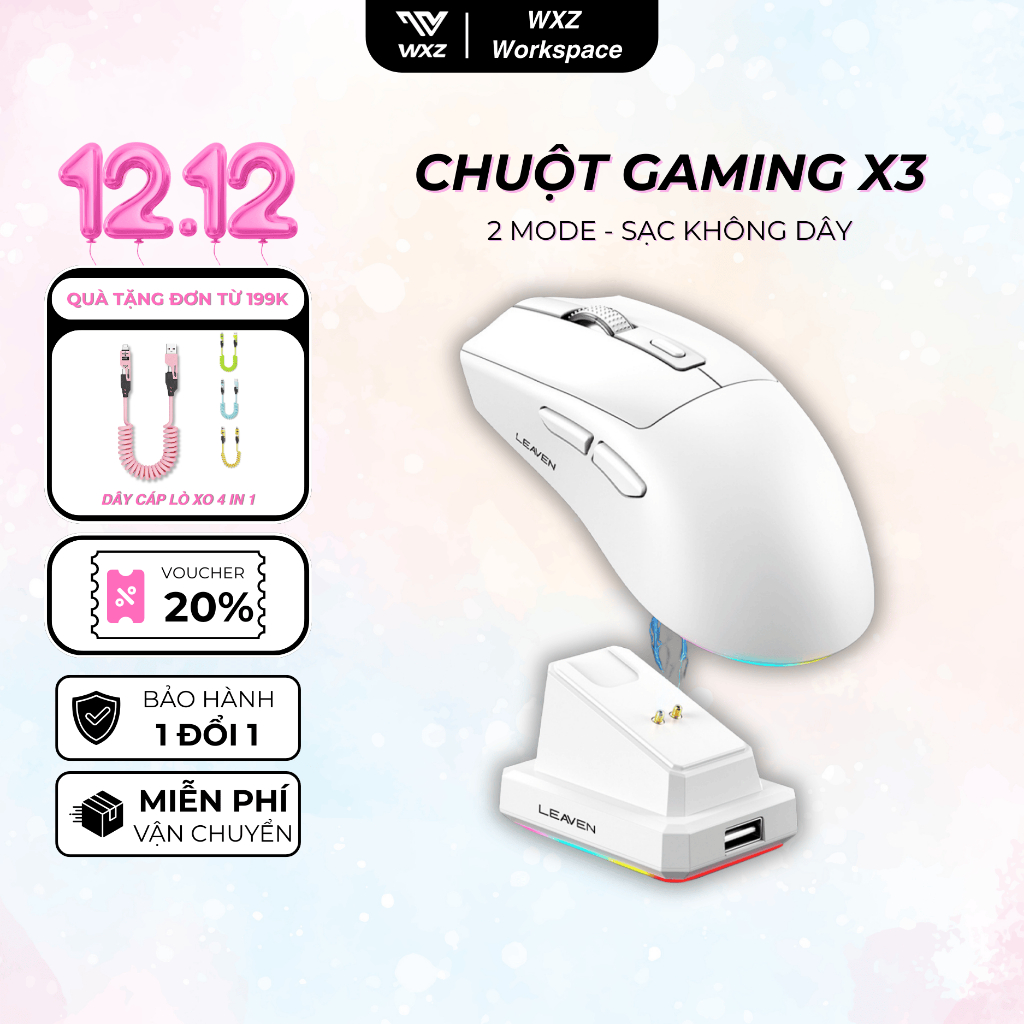 Chuột Gaming Leaven X3, LED RGB, Độ Nhạy Cao 1600 DPI, Thiết Kế Công Thái Học, Có Dock Sạc Không Dây