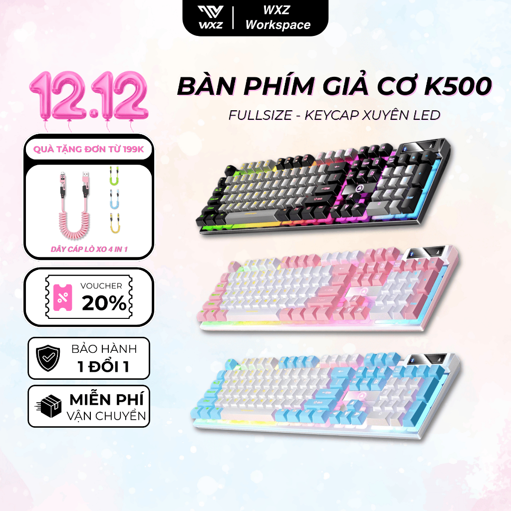 Bàn Phím Giả Cơ Gaming K500 Fullsize 104 Phím LED Rainbow, Gõ Êm, Bàn Phím Có Dây Cho PC Laptop