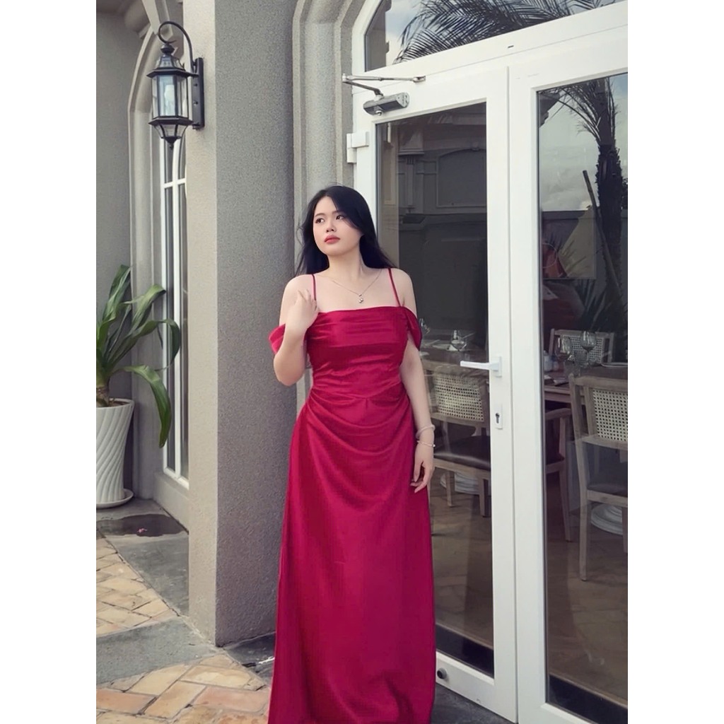 [Kèm Hoa] Đầm Lụa Bigsize nista Dáng Dài Bẹt Vai Có Mút Xếp Ly Eo Siêu Sang Bigsize Từ 55-90K PhTh06 | BigBuy360 - bigbuy360.vn