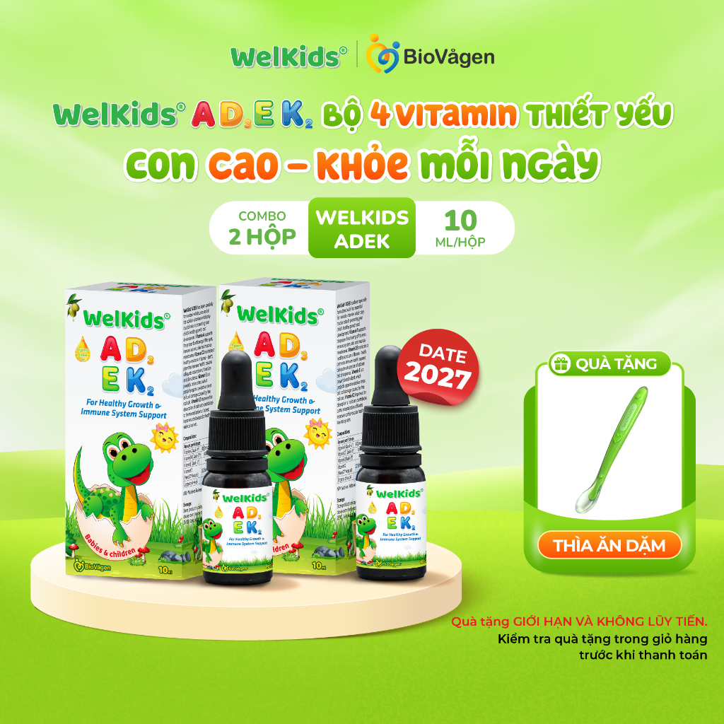 Combo 2 lọ WelKids ADEK bổ sung D3K2 kết hợp Vitamin A, E hỗ trợ nâng cao đề kháng, phát triển chiều