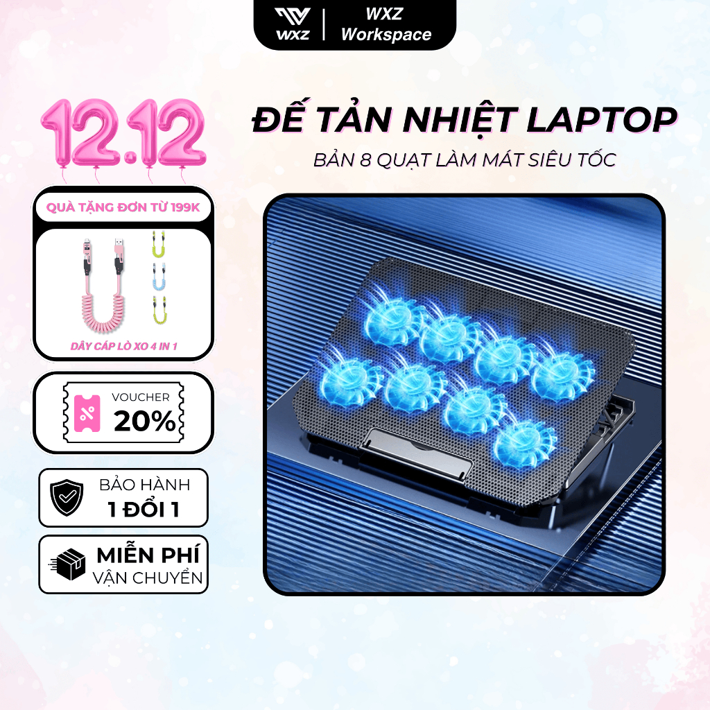 Đế Tản Nhiệt Laptop Q100 8 Quạt Siêu Mát, Giá Đỡ Gấp Gọn 4 Mức Cao Tản Nhiệt Nhanh, Quạt Êm Chống Ồn