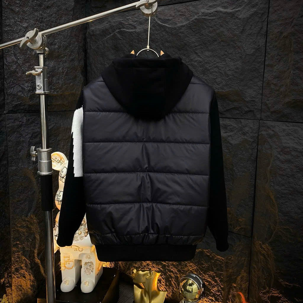 Áo khoác bomber nam nữ MC dệt gân ngang tay pha len phối vạch trắng thêu logo authentic