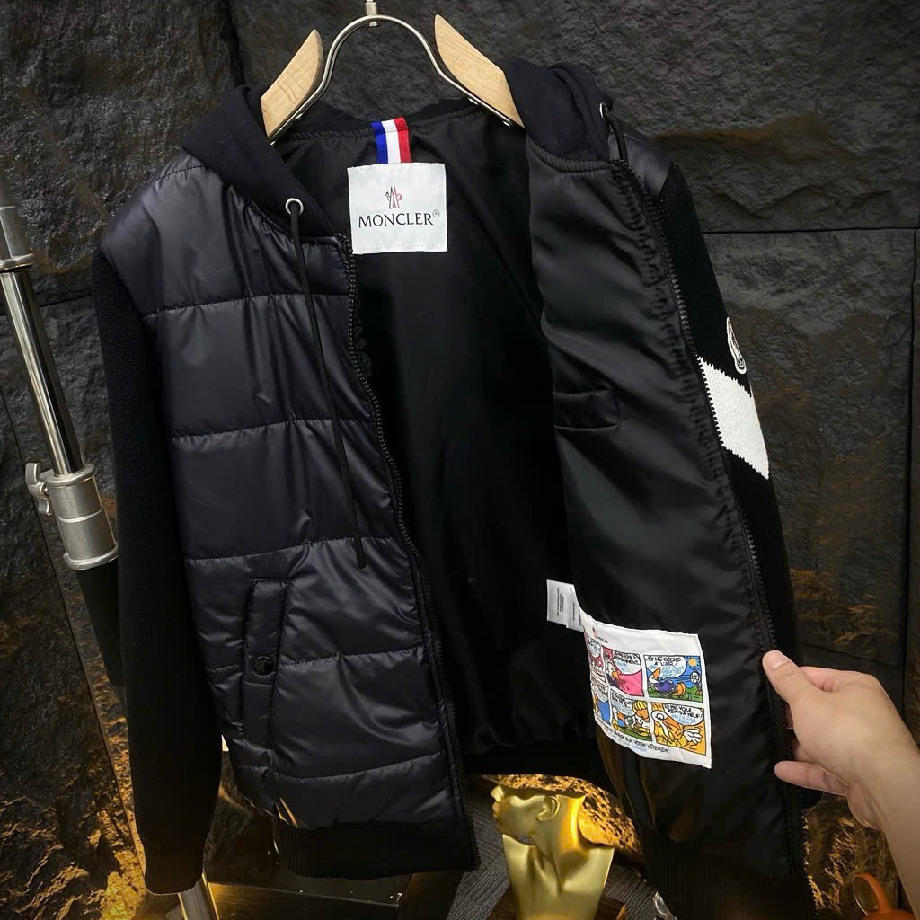 Áo khoác bomber nam nữ MC dệt gân ngang tay pha len phối vạch trắng thêu logo Hàng Quảng Châu authen