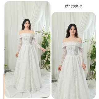  Váy Cưới Cô Dâu Đi Bàn Trễ Vai Tay Dài Dáng Suông Chạm Đất Ren Cao Cấp 