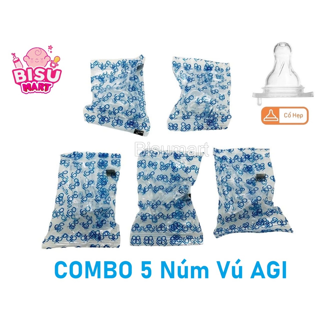 Combo 5 Núm vú Cổ Hẹp AGI núm ty silicon mềm cho bé Size S M L