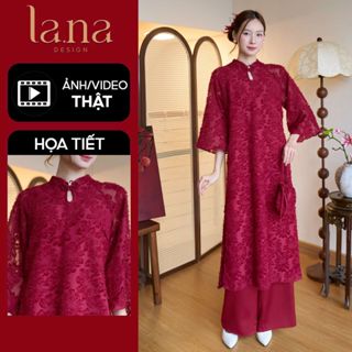  Áo dài thiết kế Nguyệt Cầm,Nguyệt Ngân Lana áo dài nữ cách tân tơ lông quần lụa latin tết màu đỏ - SD009-Tết 