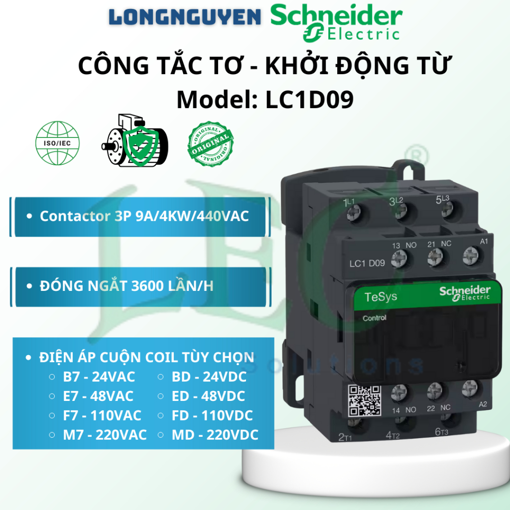 Công tắc tơ Schneider LC1D09M7 3P 9A AC3 400V coil 220VAC