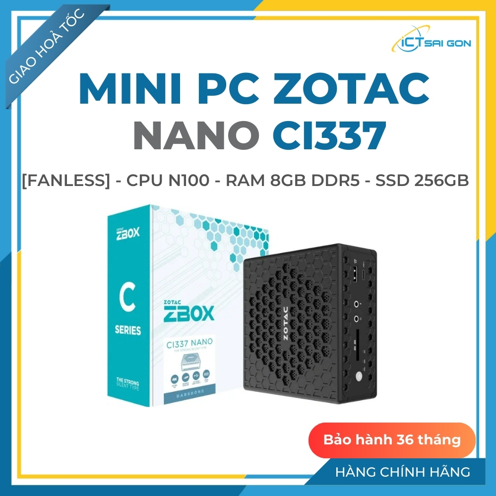 Mini PC Zotac CI337 Nano [Fanless] - CPU Intel N100 - Ram 8GB DDR5 - SSD 256GB - Máy Tính Siêu Êm