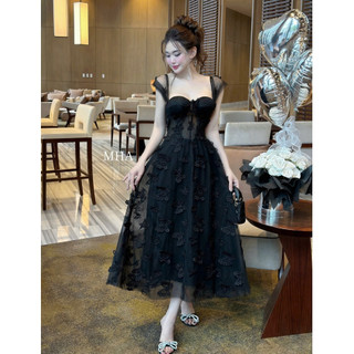 Đầm đi dự tiệc, váy dự tiệc 2 dây vai rơi đính hồ điệp cúp ngực dáng xòe dài thiết kế tiểu thư sang chảnh LEVAN Jennies