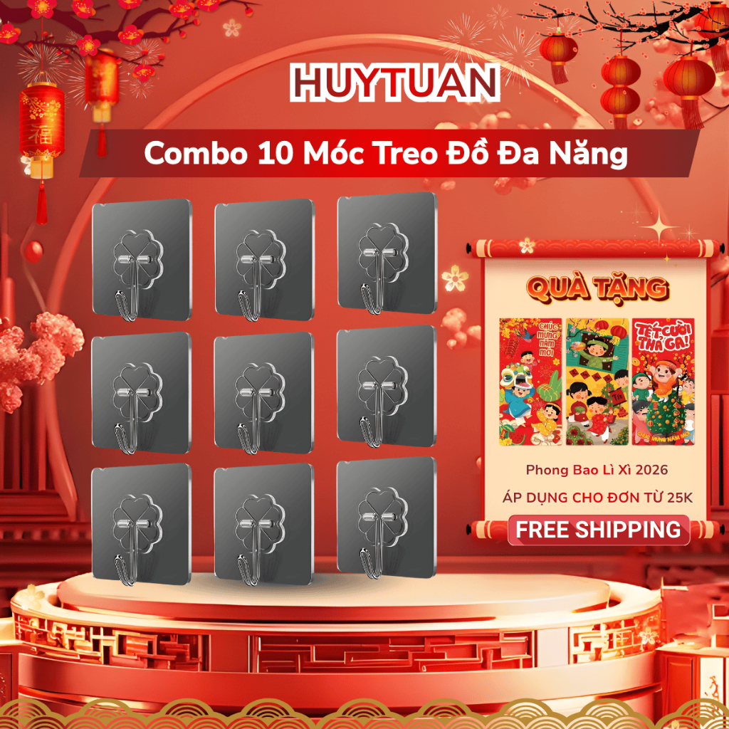 Combo 10 Móc dính treo tường, móc treo quần áo dán tường chịu lực trong suốt