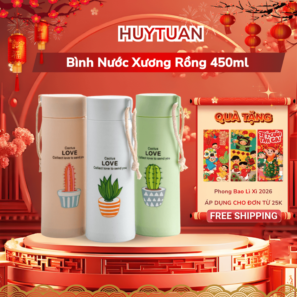 Bình đựng nước lõi thủy tinh họa tiết xương rồng dễ thương dung tích 450ml (BXR10)