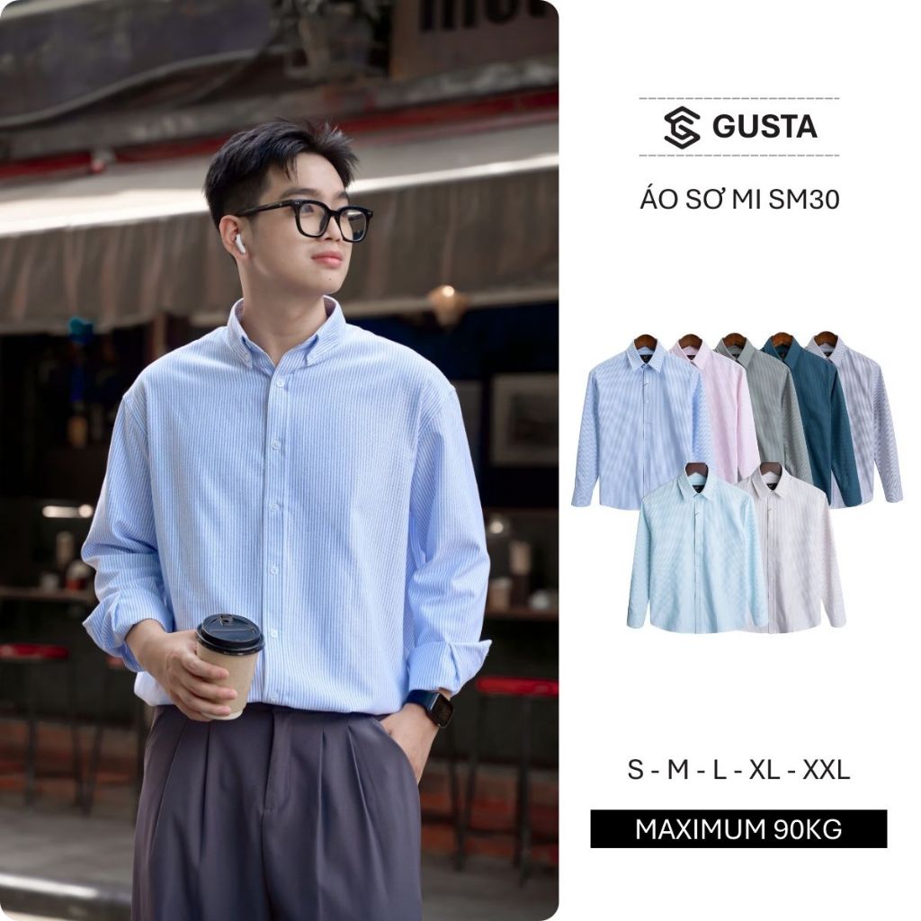 Áo Sơ Mi Nam Cổ Trụ Cotton GUSTA Oxford Form Suông Áo Sơ Mi Kẻ xanh Kẻ Ghi SM30