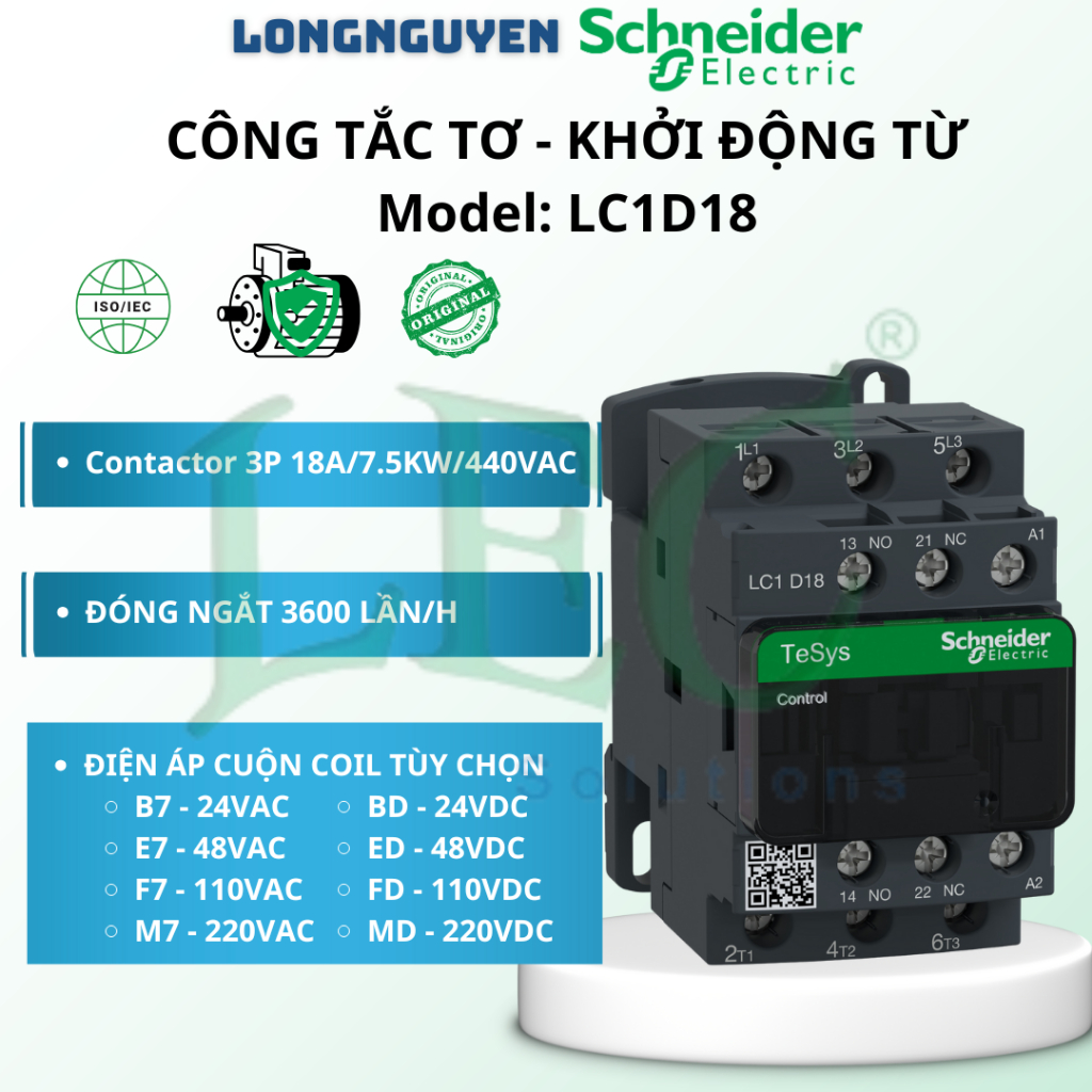 Contactor Công tắc tơ Schneider LC1D18M7 3P 18A AC3 coil 220VAC chính hãng