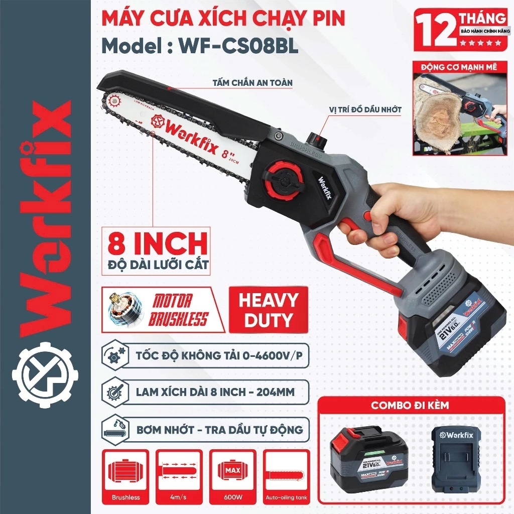 Hỏa Tốc Máy cưa xích pin WORKFIX WF-CS08BL, Công suất 600w, Chiều dài lam xích: 08 inch, Không Chổi 
