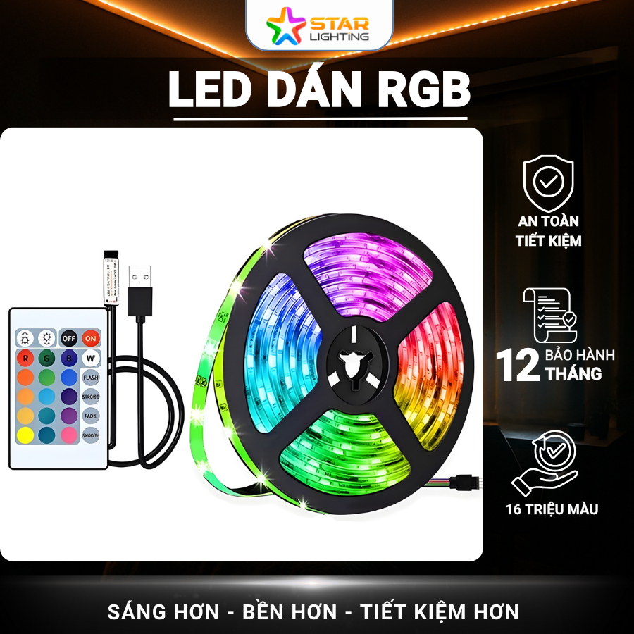 Dây đèn led dán RGB 16 triệu màu - Đèn Led cuộn 5M trang trí phòng/pc điều khiển từ xa