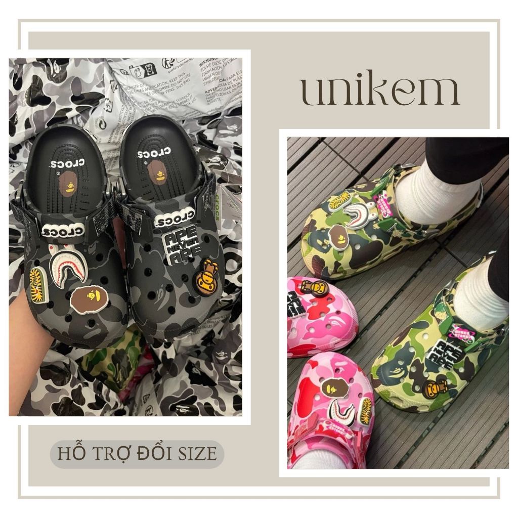 Dép Crocs BAPE Camouflage Đen Phiên Bản A Bathing Ape Custom Charm Cực Chất Phù Hợp Mọi Thời Tiết