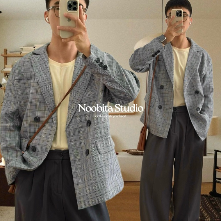 NOOBITA - Áo khoác blazer kẻ caro 8226