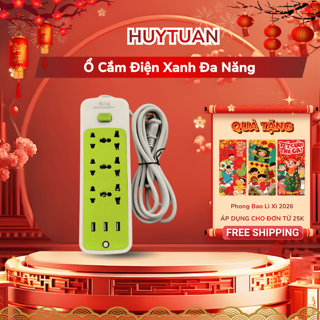 Ổ Cắm Điện Xanh Đa Năng Chống Giật Tích Hợp 3 Cổng Usb Dây 1M - Ổ Điện Xanh Thông Minh An Toàn Có Lỗ Cắm 3 Chân