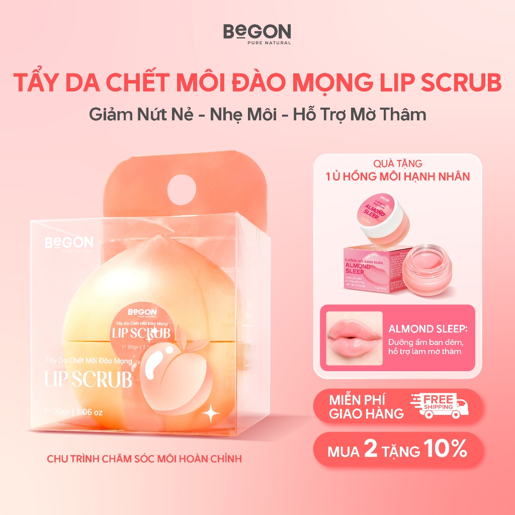 Tẩy Da Chết Môi Đào Mọng LIP SCRUB 40gr [Tặng Ủ Hồng Môi Hạnh Nhân ALMOND SLEEP 5gr], Làm Mềm Và Nhẹ Môi & Mờ Thâm