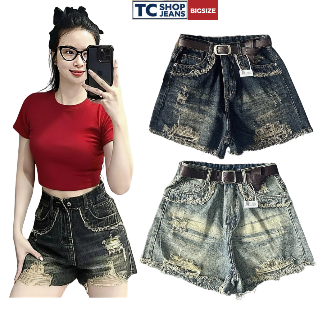 Quần short jean nữ rách nhẹ may lai và viền túi tua rua TC SHOP JEANS bigsize 55-90kg  chất jean mềm