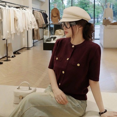 Áo dệt kim cổ tròn tay ngắn nút trước sang trọng thanh lịch Callene (L2855)