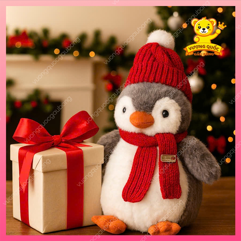 Gấu Bông Chim Cánh Cụt Nón Len Choàng Khăn Đỏ, Gấu Bông Chim Cánh cụt Decor Giáng Sinh, Noel
