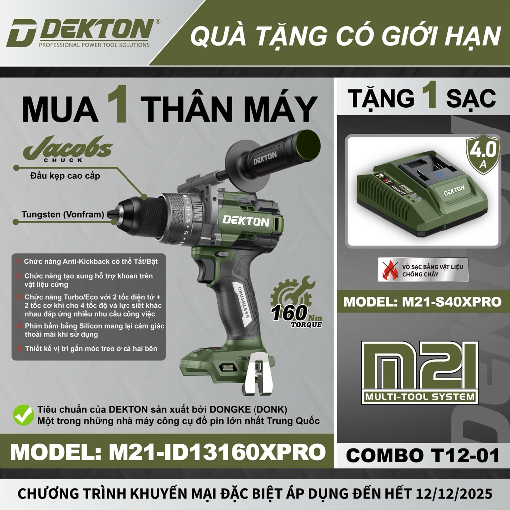Máy khoan Dekton M21-ID13160PRO 21V – Động cơ không chổi than, lực xoắn 160N.m, công suất mạnh mẽ
