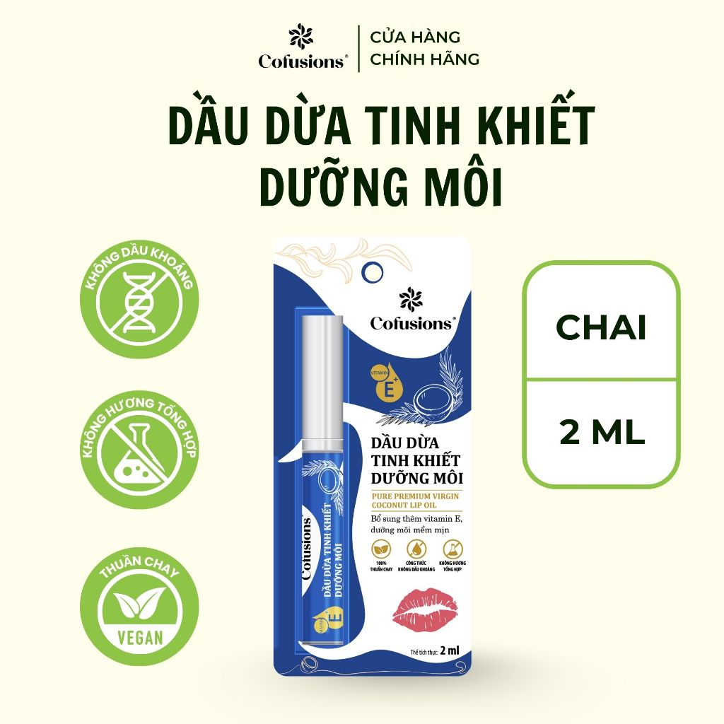 [NHÃN MỚI COFUSIONS] Dầu dừa Tinh Khiết dưỡng môi Cofusions - Chai 2ml - Coconut Oil For Lips